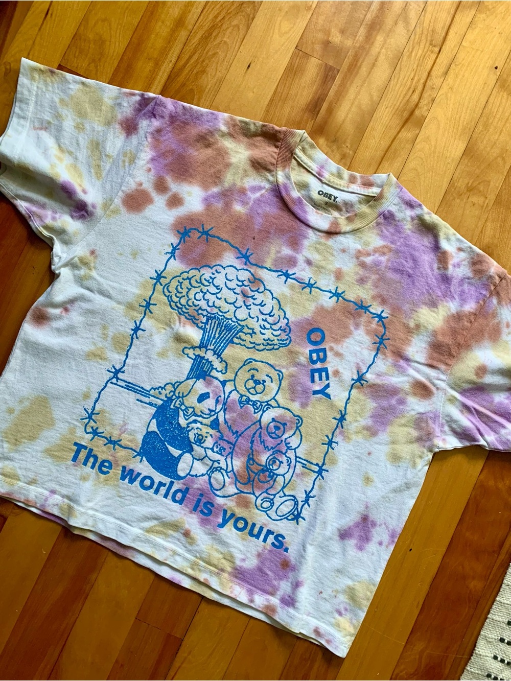 Obey baggy Tie-Dye Crop Top in Purple, Pink, Yellow with Blue Graphic